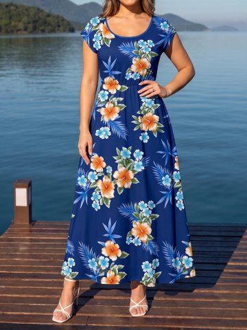 Hawaii Tropical Leaf Hibiscus Flower Print A Line Dress
