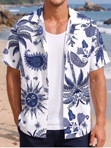 Coconut Tree Sun Paisley Flower Print Hawaii Button Pocket Shirt For Men