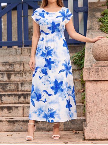 Robe mi-longue Hawaii à imprimé aquarelle de fleurs et épaules tombantes - BLUE - S