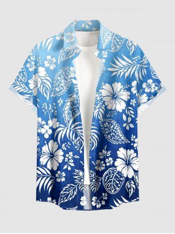 Tropical Leaf Hibiscus Flower Ombre Print Hawaii Button Pocket Shirt For Men - BLUE - XL