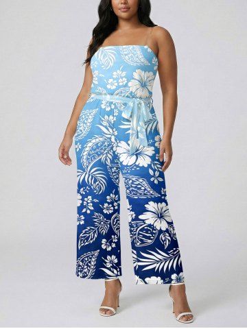 Combinaison à poches Hawaii à imprimé ombré de feuilles tropicales et fleurs d'hibiscus, avec ceinture amovible et bretelle d'épaule - BLUE - XXS