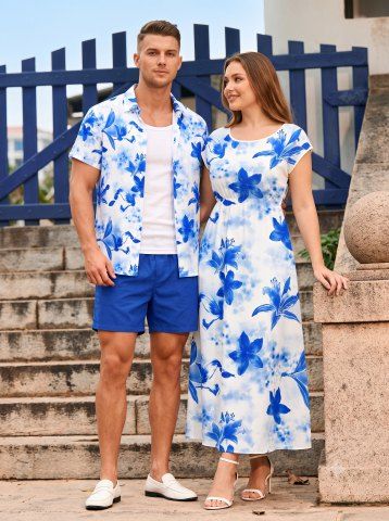 Imprimé fleurs aquarelle - Tenue de plage Hawaii assortie pour couples