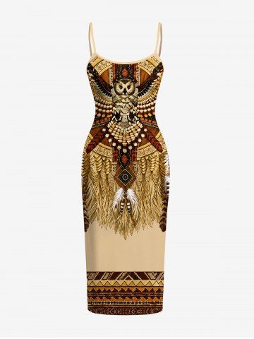 Robe ajustée Hawaii à imprimé ethnique plumes de chouette - TAN - M