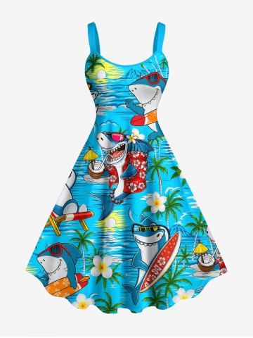 Robe débardeur hawaïenne imprimé requins, fleurs de cocotier (bretelles ajustables) - LAKE BLUE - L