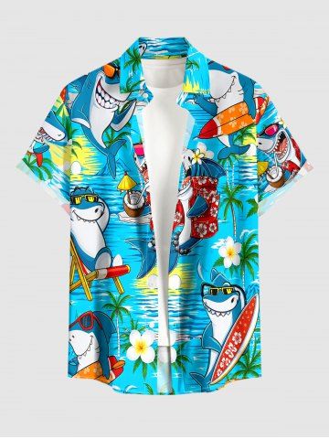 Sharks Chemise hawaïenne pour homme - Imprimé fleurs de cocotier, boutons et poche