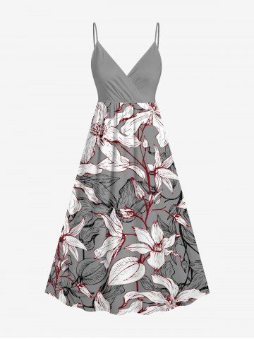 Robe cami portefeuille à imprimé feuilles et fleurs hawaïen - GRAY - 1X