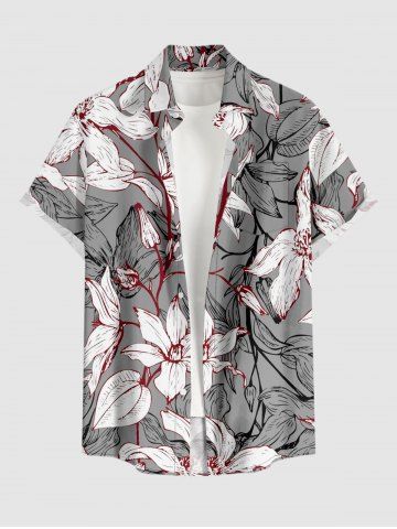 Chemise hawaïenne pour homme à imprimé fleurs et feuilles avec poche boutonnée