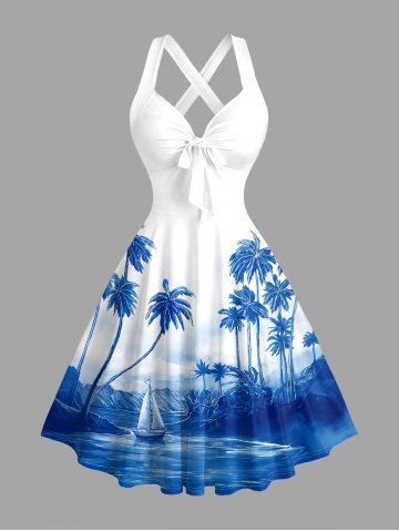 Robe débardeur Hawaii à imprimé paysage marin avec cocotier et voilier, bretelles croisées et nœud papillon - BLUE - L