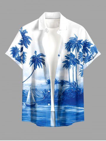 Chemise hawaïenne pour homme - Imprimé cocotier et voilier, paysage marin, boutons et poche