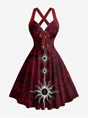 Sun Print Halter Crisscross Strappy A Line Dress - DEEP RED - XXXL