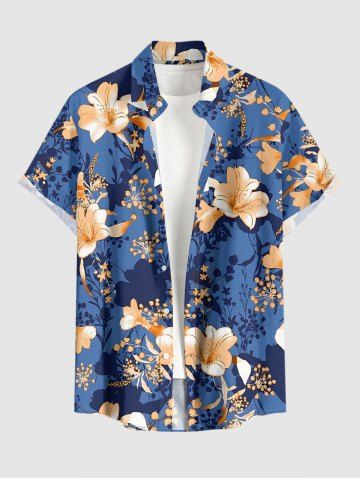 Flower Leaf Plant Print Hawaii Button Pocket Shirt For Men - BLUE - 6XL