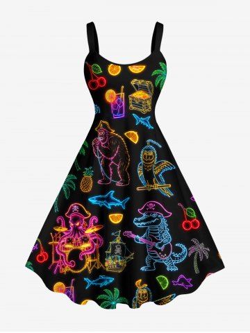 Robe ligne A imprimé paillettes néon cocotier ananas pieuvre Hawaii - BLACK - M