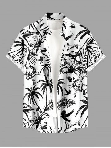 Tropical Leaf Hibiscus Flower Coconut Tree Skulls Print Hawaii Button Pocket Shirt For Men - WHITE - M