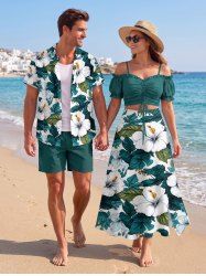 Hibiscus Flower Leaf Print Matching Hawaii Beach Outfit For Couples -  