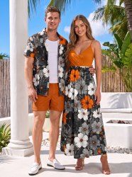 Tenue de plage hawaïenne assortie pour couples à imprimé fleurs et feuilles - Orange 