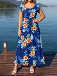 Robe trapèze à imprimé feuille tropicale et fleur d'hibiscus Hawaii - Cadetblue XXS