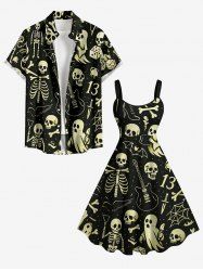 Tenue assortie pour couples à motifs de crânes, squelette, guitare, fantôme et chauve-souris d'Halloween - Noir 