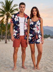 Ensemble chemise hawaïenne et combinaison de plage assortis, imprimé tropical feuilles et fleurs pour couples - CORAL ROSE 
