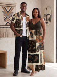 African Printed Matching Couple Outfit Paisley Colorblock Hawaiian Set -  