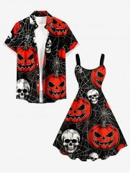 Halloween Pumpkin Spider Web Skulls Print Matching Outfit For Couples -  