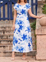 Robe midi Hawaii à imprimé aquarelle fleurs et épaules tombantes - Bleu 1X