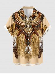 Chemise hawaïenne homme à motif plumes de hibou ethnique, boutons et poche - Bronze 6XL