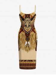 Ethnic Owl Feather Print Hawaii Fitted Dress -  