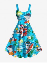 Sharks Coconut Tree Flowers Print Hawaii Tank Dress(Adjustable Shoulder Strap) -  