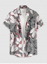 Chemise hawaïenne pour homme à imprimé feuilles et fleurs, avec boutons et poche - Gris 3XL