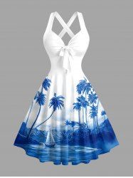 Robe débardeur Hawaii à imprimé paysage marin cocotier voilier, bretelles croisées et nœud - Bleu XXXL