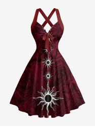 Robe trapèze à lanières croisées, encolure halter, imprimé soleil - Rouge foncé XS
