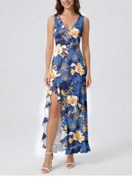 Flower Leaf Plant Print Hawaii Ruffles Split Dress -  