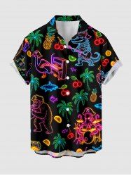 Glitter Neon Coconut Tree Pineapple Octopus Print Hawaii Button Pocket Shirt For Men -  