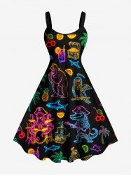 Glitter Neon Coconut Tree Pineapple Octopus Print Hawaii A Line Dress -  