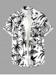 Tropical Leaf Hibiscus Flower Coconut Tree Skulls Print Hawaii Button Pocket Shirt For Men -  