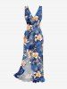 Flower Leaf Plant Print Hawaii Ruffles Split Dress - Bleu L