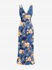 Flower Leaf Plant Print Hawaii Ruffles Split Dress - Bleu L