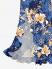 Flower Leaf Plant Print Hawaii Ruffles Split Dress - Bleu L