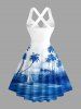 Robe débardeur Hawaii à imprimé paysage marin cocotier voilier, bretelles croisées et nœud - Bleu XXXL