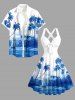 Robe débardeur Hawaii à imprimé paysage marin cocotier voilier, bretelles croisées et nœud - Bleu XXXL