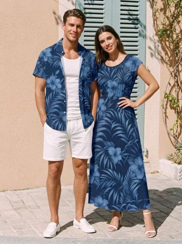 Hibiscus Flower Tropical Leaf Print Matching Hawaii Beach Outfit For Couples