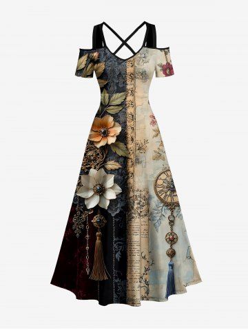 Flowers Clock Tassel Print Cold Shoulder Crisscross Hawaii Maxi Dress - TAN - 2X
