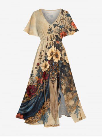 Vintage Flower Tassel Print Split Hawaii Midi Dress - TAN - 2X