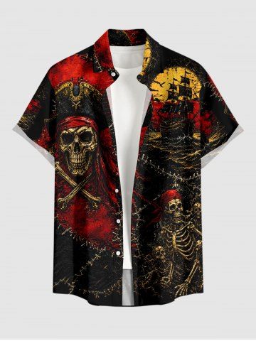 Halloween Skull Pirate Sailboat Sea Waves Cruise Print Buttons Pocket Shirt For Men - RED WINE - M