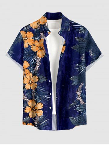 Chemise hawaïenne imprimé feuilles tropicales et fleurs d'hibiscus, avec poche et boutons, pour homme - DEEP BLUE - S