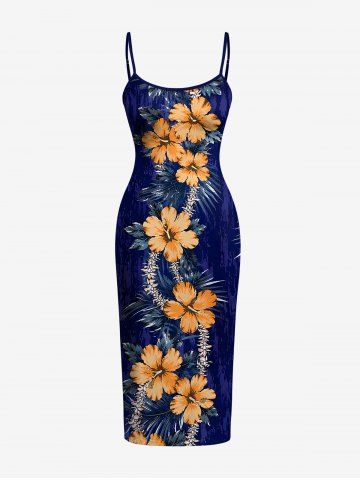 Tropical Leaf Hibiscus Flower Print Hawaii Dress - DEEP BLUE - XXS