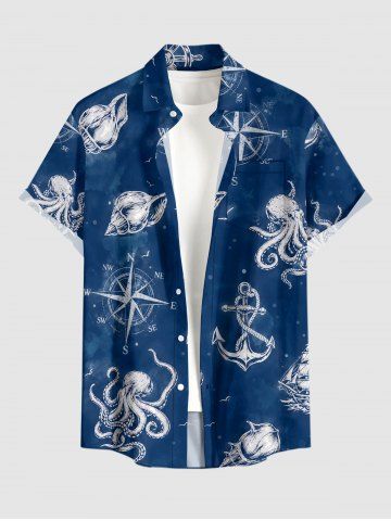 Chemise hawaïenne à imprimé pieuvre, ancre et conque pour homme, boutonnée avec poche - CADETBLUE - 4XL