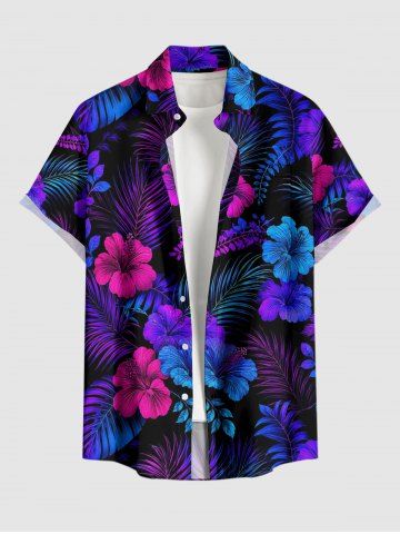 Chemise hawaïenne homme à imprimé feuilles tropicales et fleurs d'hibiscus, boutonnée avec poche - BLUE - 3XL