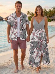 Flowers Leaf Print Matching Hawaii Beach Outfit For Couples -  
