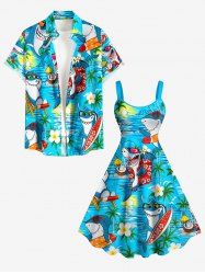 Sharks Coconut Tree Flowers Print Matching Hawaii Beach Outfit For Couples -  